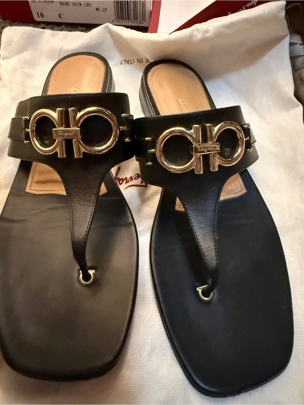 Salvatore Ferragamo Black Leather Thong Sandals with Gold Logo Accent